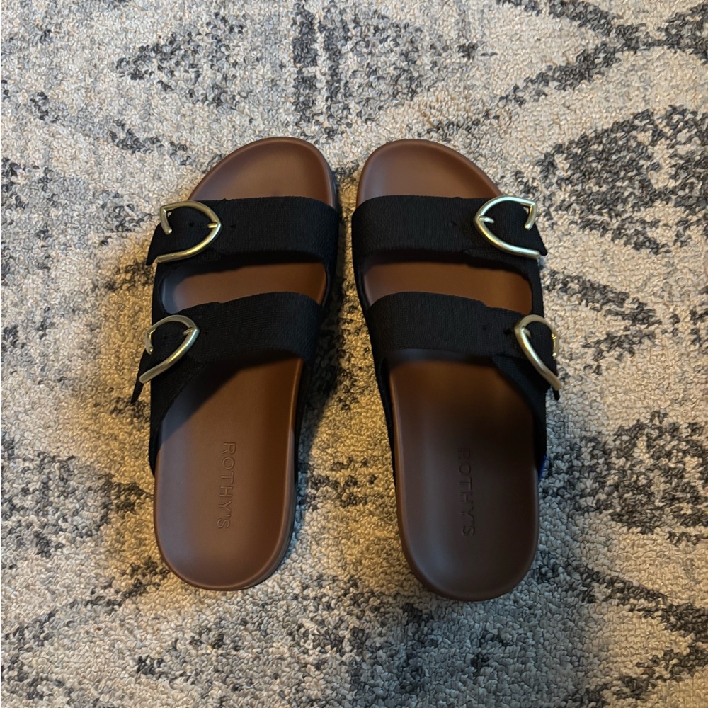 Black Slide Sandals with Gold Buckles